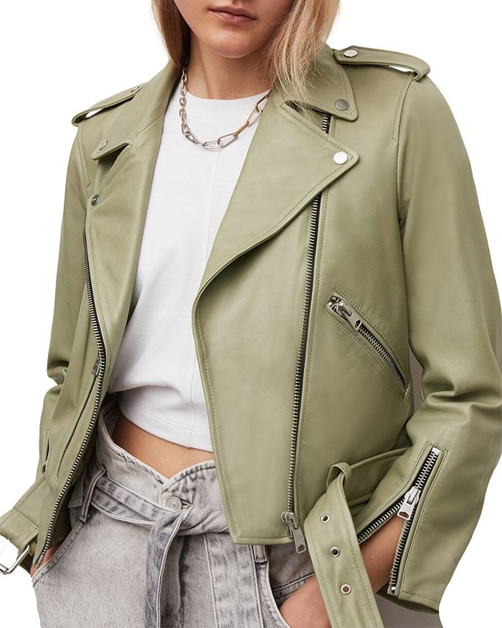 Allsaints Classic Soft Sage Balfern Leather Biker Jacket Size 8 UK / 4 US